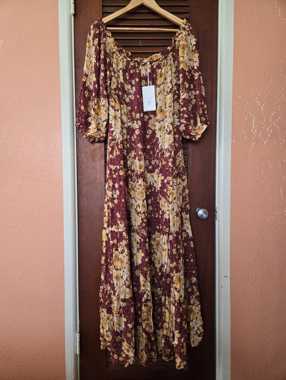 Auguste The Label Boho Off-shoulder Long Floral Dress, Burgundy Yellow Flowers M
